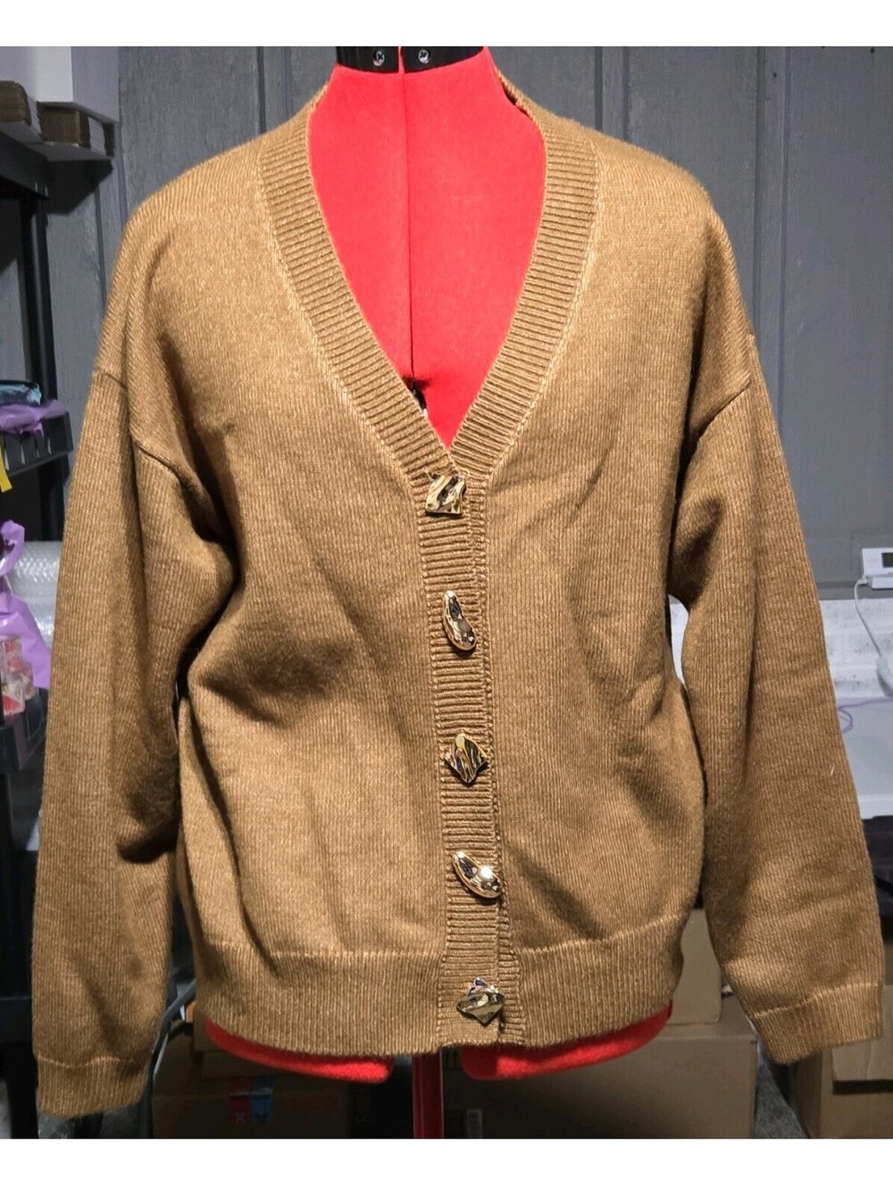 CIDER Women's Brown Knit V-Neck Button-Front Long Sleeve Cardigan Sweater M